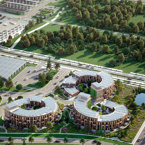 Aerial view of a large building.