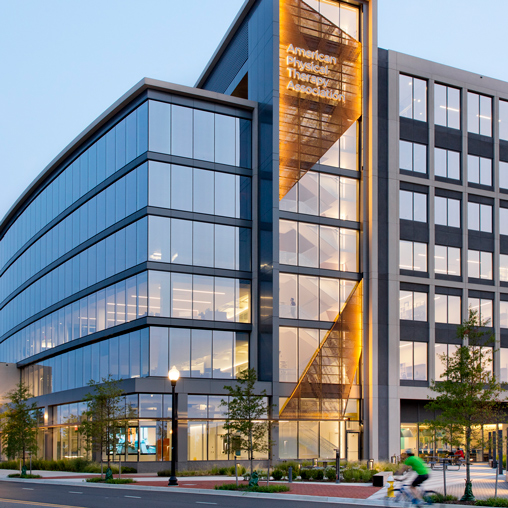 A building with glass windows.
