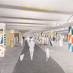 A group of people in white suits walking in a large room with flags.