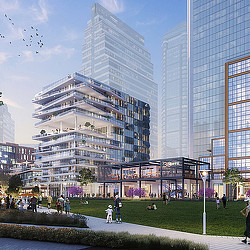 A group of people walking around a large building.