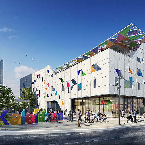 A building with many flags on the roof.