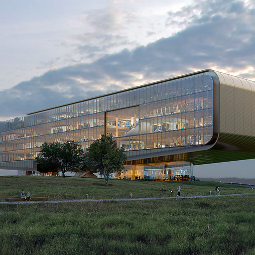 A building with a glass front.