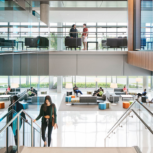 A group of people in a building.