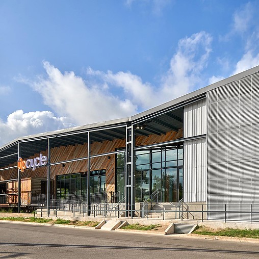 A building with glass windows.