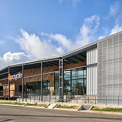 A building with glass windows.