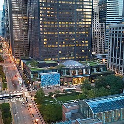 A city with tall buildings.