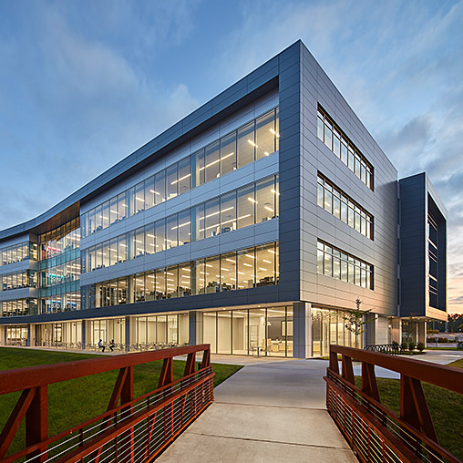 Financial services provider building exterior in the evening