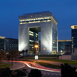 The Gate Building in Dubai financial district at night