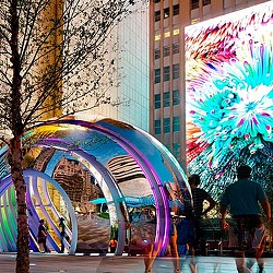 AT&T Discovery District globe and digital art installation.
