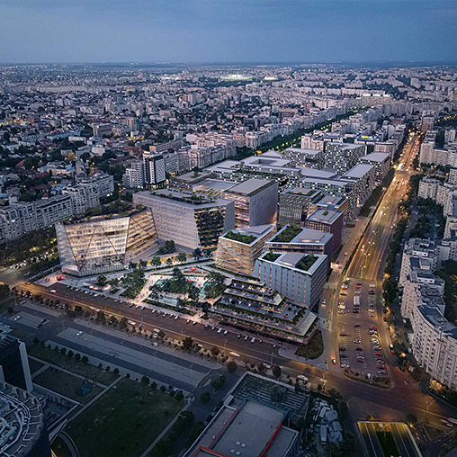 The Justice District aerial nighttime rendering