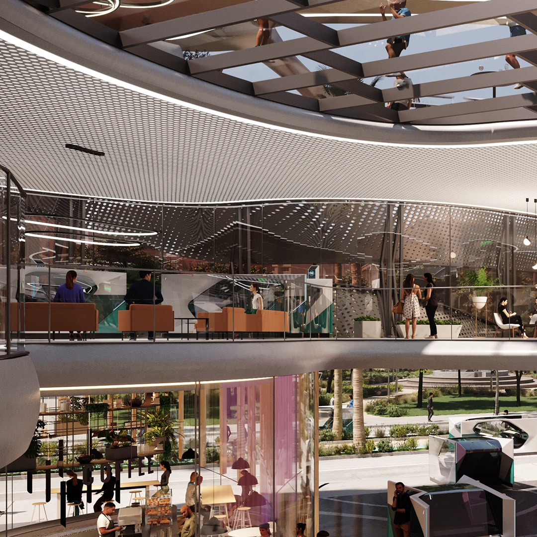 A high angle view of a shopping mall.