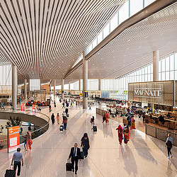 A large group of people in a large building.