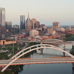 Drone shot of Korean Veterans Memorial Bridge and downtown Nashville.