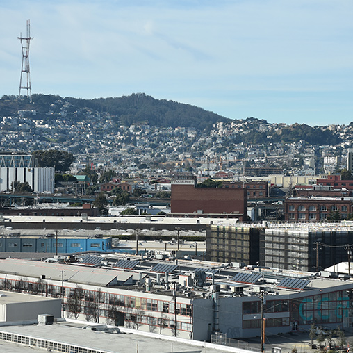 California College of the Arts (CCA) aerial city view.