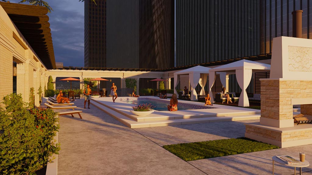 Esperson building amenity deck with pool rendering.