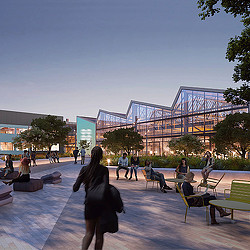 888 Douglas outdoor plaza rendering in the evening.