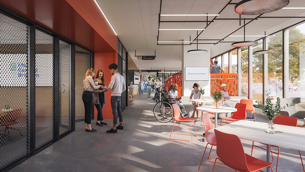 Mass General Brigham Integrated Care Facility hallway rendering with people.