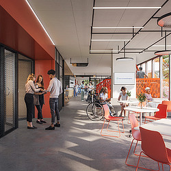 Mass General Brigham Integrated Care Facility hallway rendering with people.