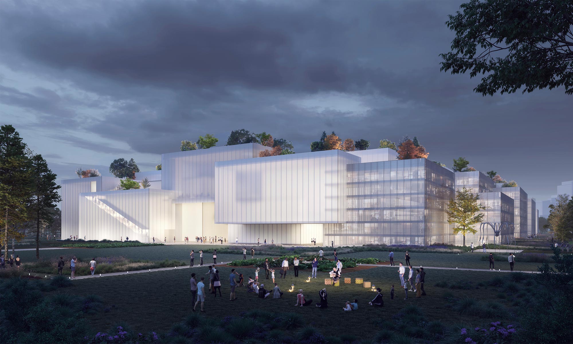 Guangzhou Substation Concept nighttime rendering with people.