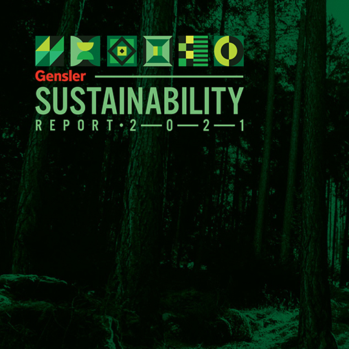 Gensler Sustainability Report 2021 text on tree background.