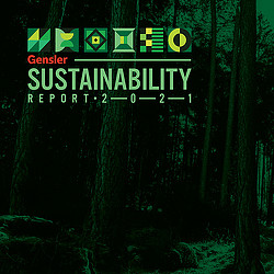 Gensler Sustainability Report 2021 text on tree background.