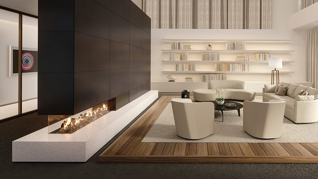 A modern living room with a fireplace.