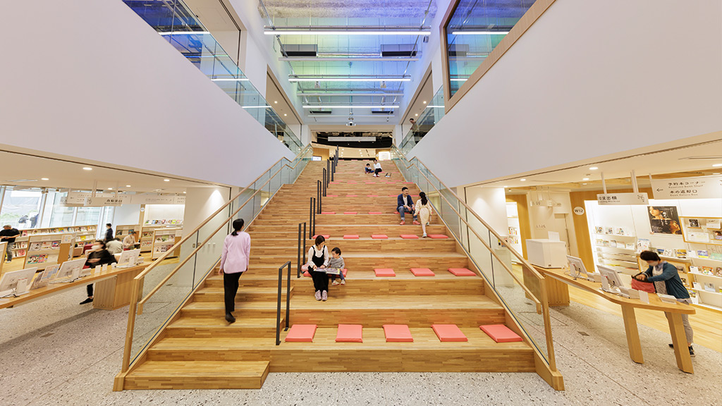 Toyohashi City Library interior steps.
