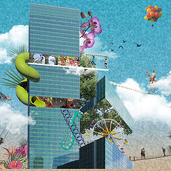 A large building with a large cartoon character on it.