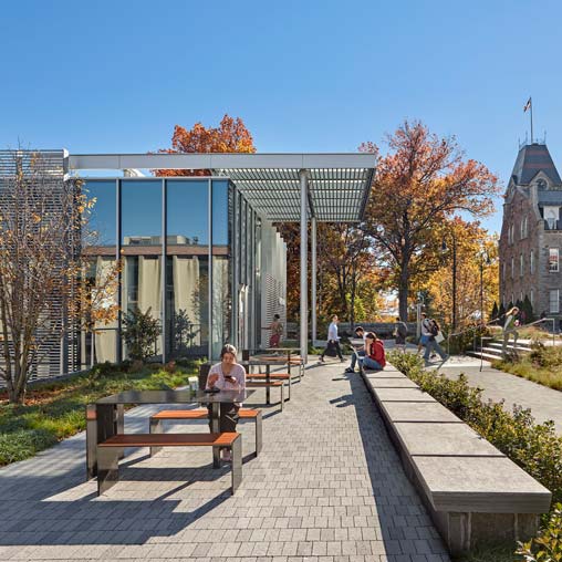 Outdoor seating at WPI Unity Hall