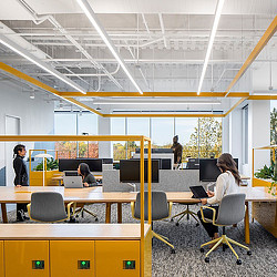 LinkedIn Omaha office with yellow furniture.