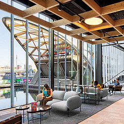 Cargo Crossrail Place interior with view of Canary Wharf.