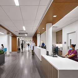 Acute rehabilitation center reception desk and hallway