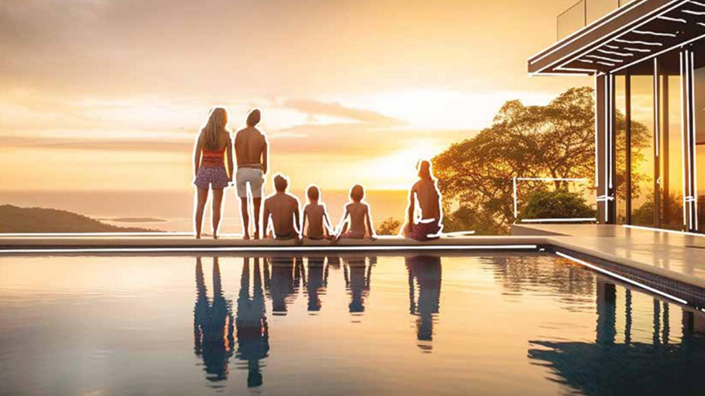 Illustration of 6 people watching the sunset from a resort pool. Credit: Revista INversión INmobiliaria