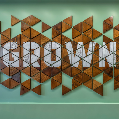 Environmental graphics made from triangular wooden blocks that spell out "Grown Here"