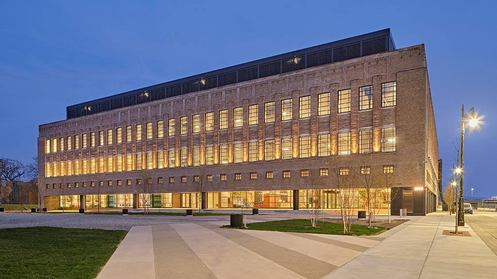 The Book Depository building exterior in the evening