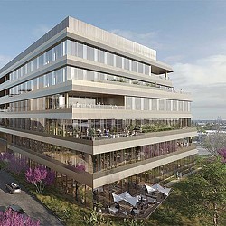 A building with a glass front.