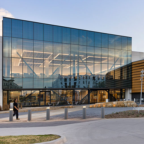 A building with glass windows.