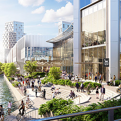 A group of people walking outside of Bally's Chicago on the river