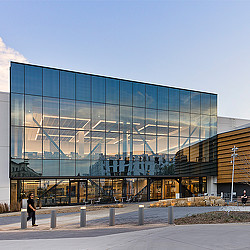 The exterior of Frisco Public Library, an adaptive reuse project designed by Gensler.