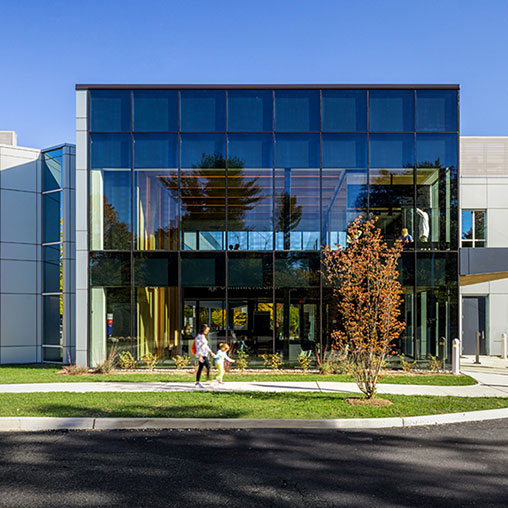 A building with glass windows.