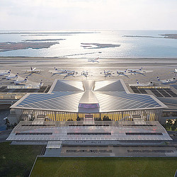 A building with a large roof.
