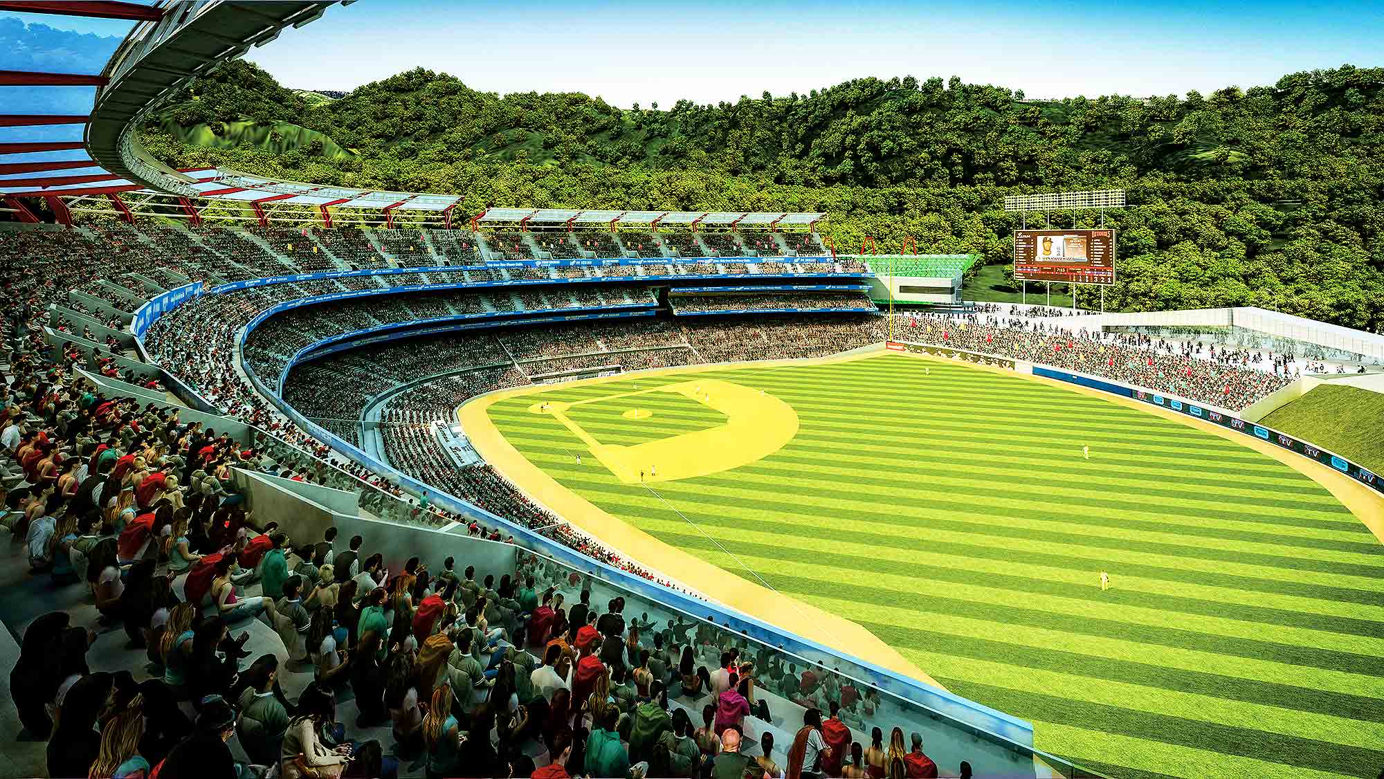 A large crowd of people at a sports stadium.