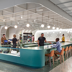 A cafe amenity area with seating areas and environmental branding at Accenture Chicago