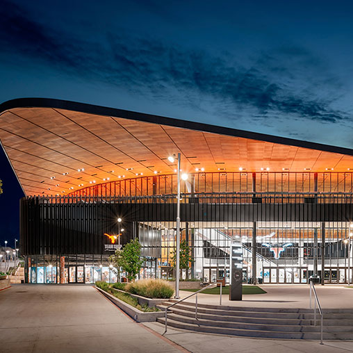 A building with a large roof.