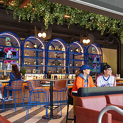 Sports fans sit at New York Mets Citi Field lounge seating.