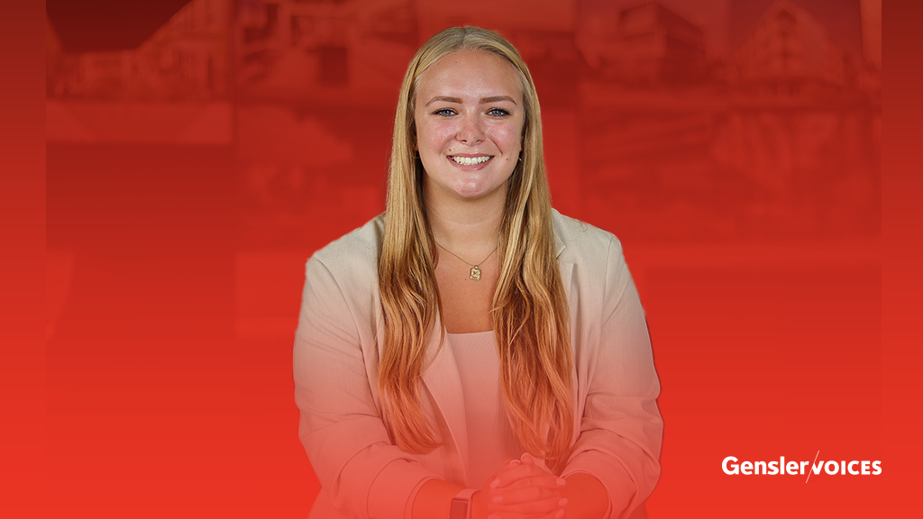 Katie Karlinchak headshot with Gensler Voices overlay