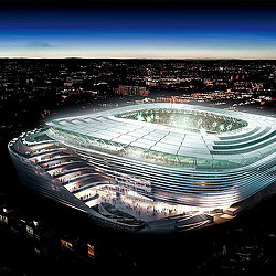 Benito Villamarín Stadium aerial rendering at night