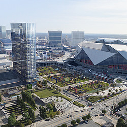 A high angle view of a city.