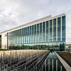 A large glass building.