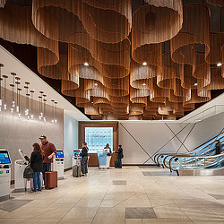 LAX T2 Delta Sky Club check-in with ceiling fixtures